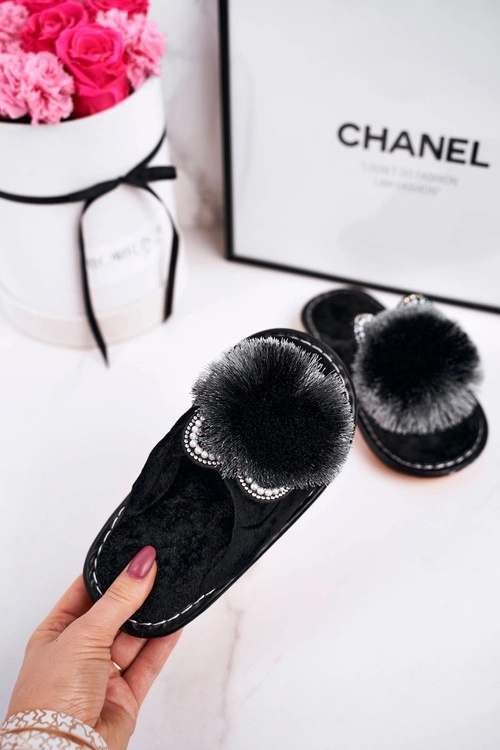 Dziecięce Klapki Papcie Z Pomponem Czarne Cinderella