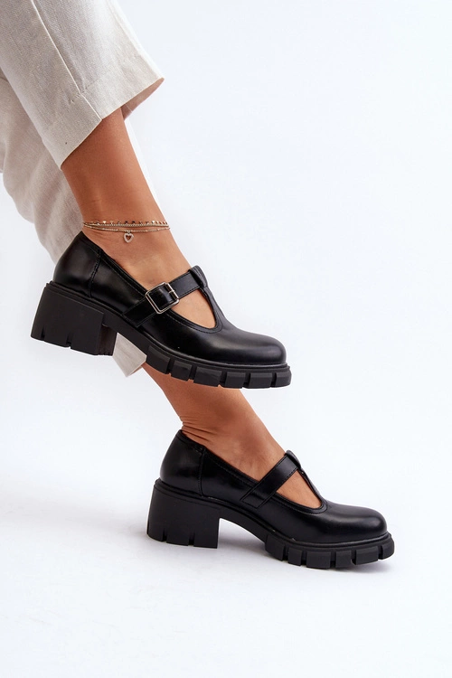 Damskie Eko Skórzane Półbuty Na Platformie I Klocku Czarne Emelna