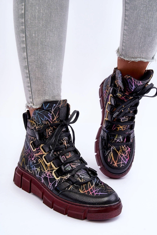 Skórzane Płaskie Sznurowane Botki Maciejka 06158-01 Czarne