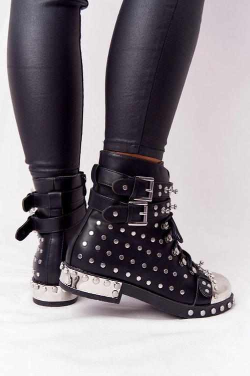 Damskie Ocieplane Botki Workery Z Dżetami Czarne Lu Boo