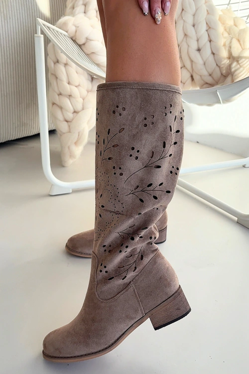 Ażurowe Kozaki Damskie Na Klocku Khaki Helinna