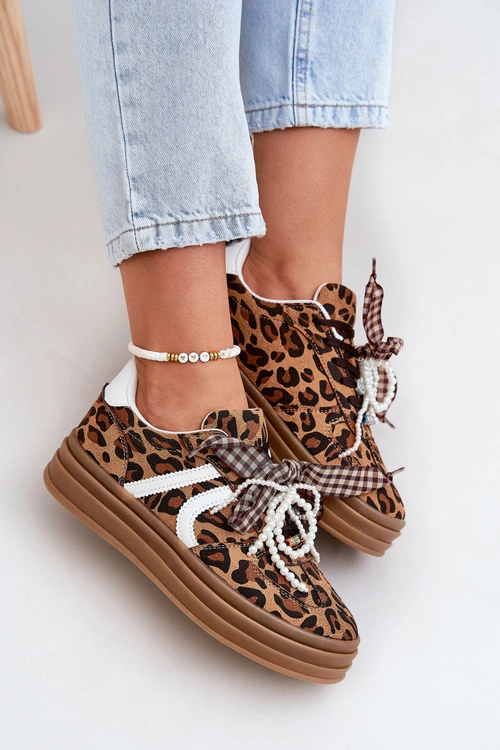 Sneakersy Damskie W Panterkę Na Platformie Z Ozdobami Brązowe Vinness