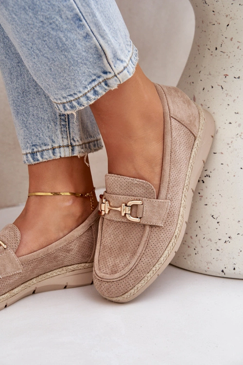 Ażurowe Mokasyny Ze Złotym Detalem I Jutową Plecionką Beżowe Lainer