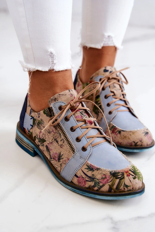 Damskie Skórzane Półbuty W Kwiaty Maciejka 5096A-34 Niebieskie