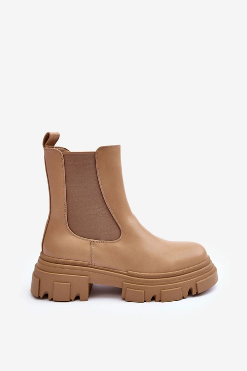 Skórzane Botki Sztyblety Na Płaskim Obcasie i Platformie Beżowe Solita