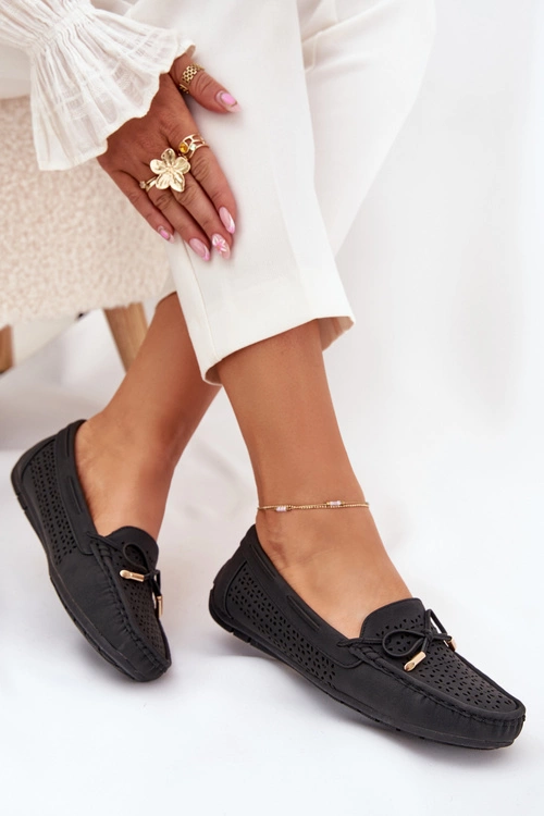 Mokasyny Damskie Z Ażurowym Wzorem I Wiązaniem Czarne Mirisa