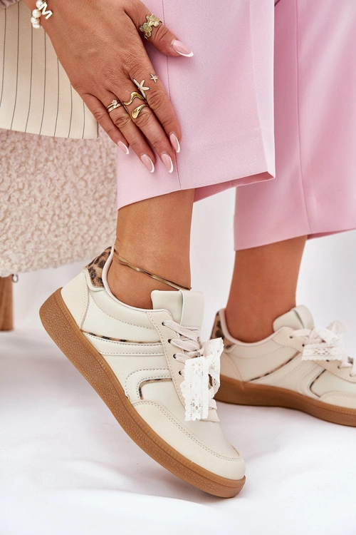 Niskie Sneakersy Damskie Z Koronką Panterka Beżowe Zielle