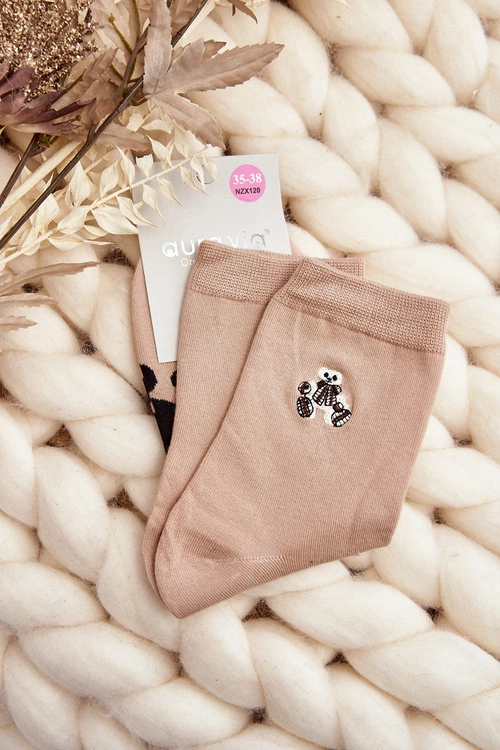 Bawełniane Skarpety Damskie Z Naszywką Miś Beżowe