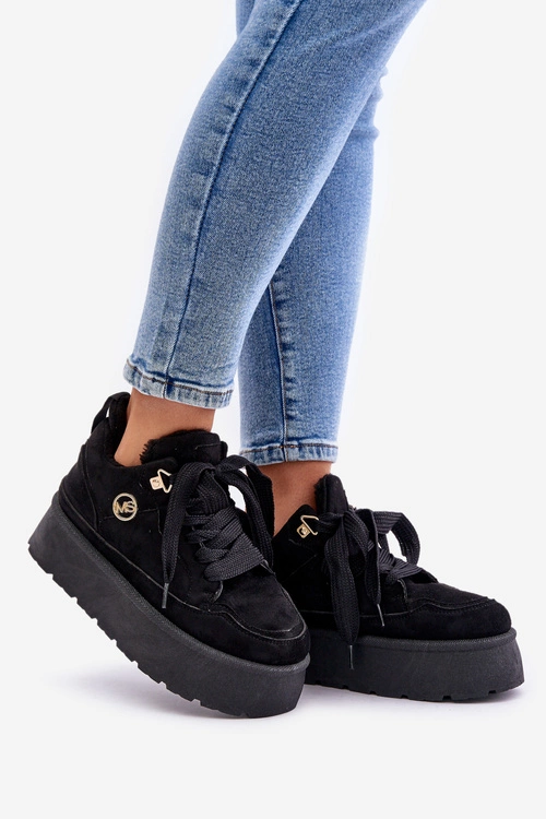 Ocieplane Futerkiem Sneakersy Damskie Na Platformie Czarne Velarisea