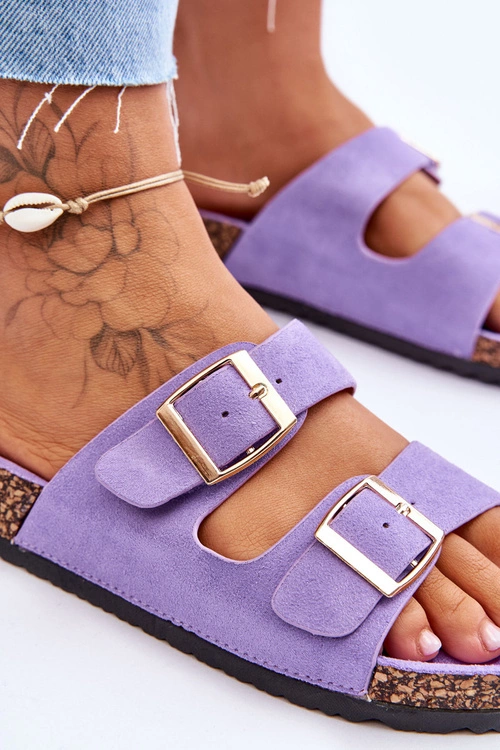 Damskie Klapki Na Korkowej Platformie Z Paskami Fioletowe Doretta