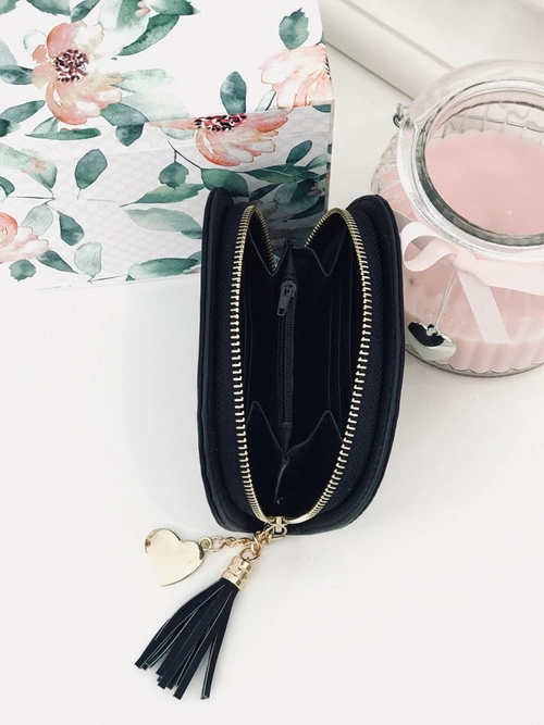 Czarna Damska Portmonetka Portfel z Frędzlem