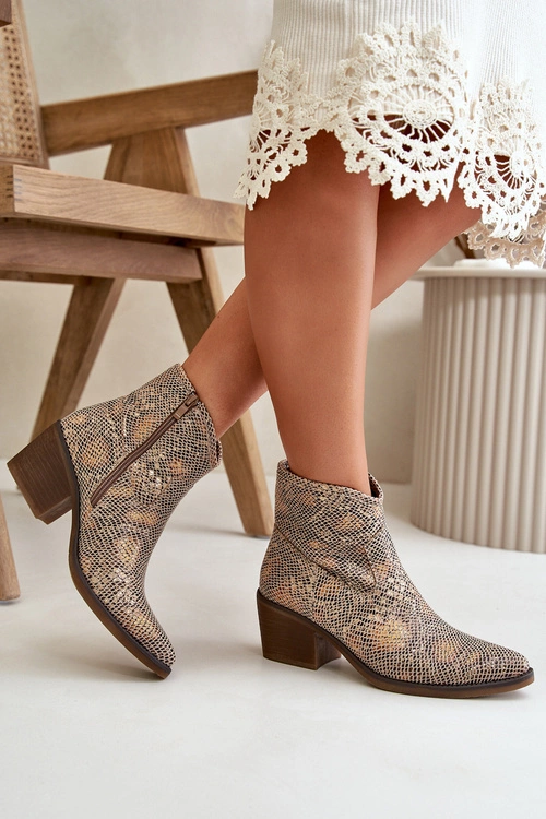 Botki Kowbojki Damskie Zapinane Na Zamek Zwierzęcy Wzór Złote Merisine