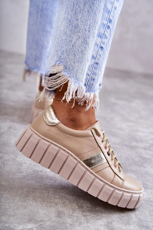 Damskie Skórzane Buty Sportowe Wiązane Beżowo-Złote Ariva