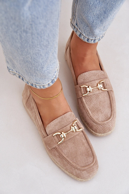 Ażurowe Mokasyny Ze Złotym Detalem I Jutową Plecionką Beżowe Lainer