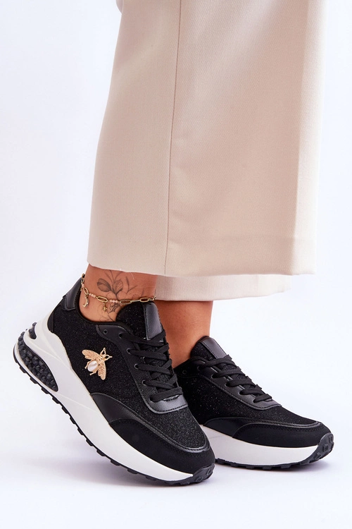 Błyszczące Buty Sportowe Z Ozdobą Czarne Seneca