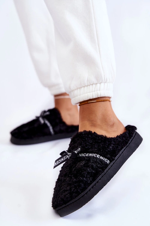 Damskie Futrzane Papcie Z Kokardką Czarne Ryana