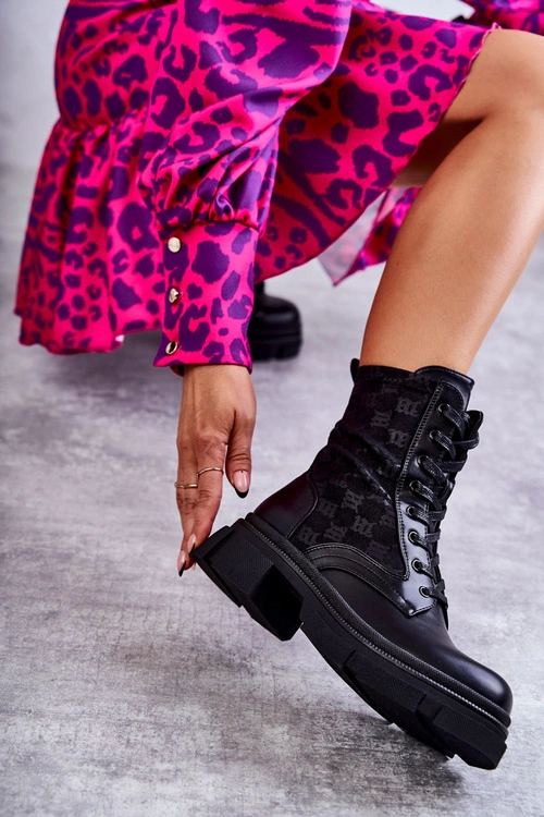 Wysokie Damskie Botki Wiązane Czarne Verlon