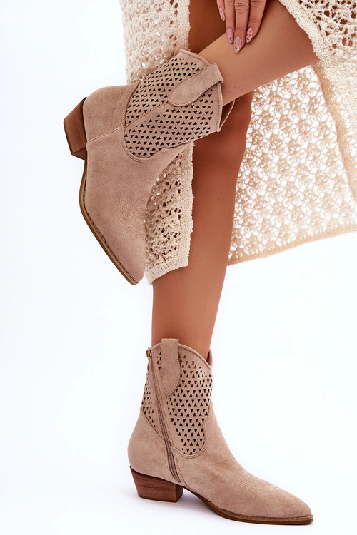 Damskie Ażurowe Botki Kowbojki Beżowe Reeds