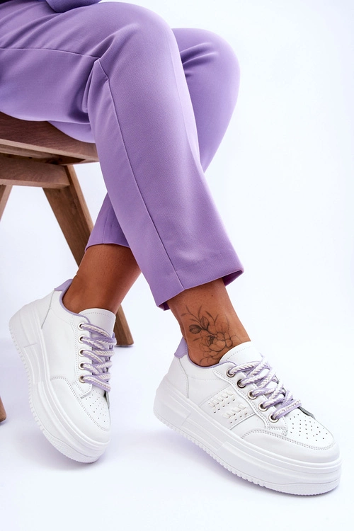 Modne Damskie Sneakersy Na Platformie Biało-Fioletowe Claribel