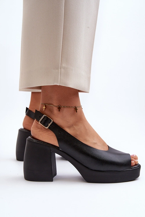 Zazoo 40376 Skórzane Sandały Na Masywnym Obcasie Czarne