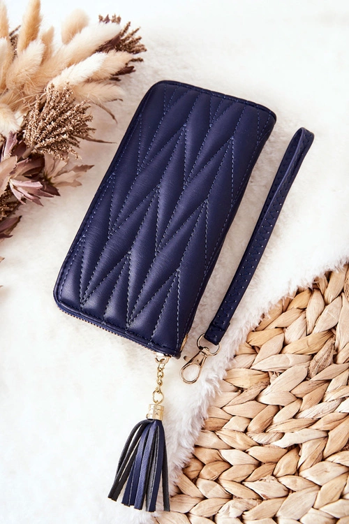 Duży Portfel Pikowany Na Suwak Z Paseczkiem Granatowy