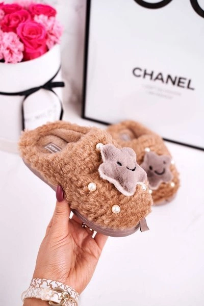 Dziecięce Ocieplane Klapki Papcie Brązowe Little Star