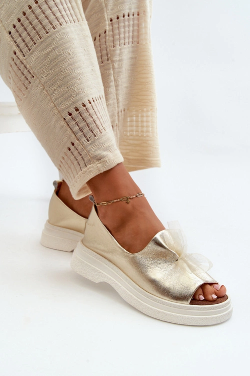 Zazoo 2939 Skórzane Sandały Damskie Z Kokardką Złote