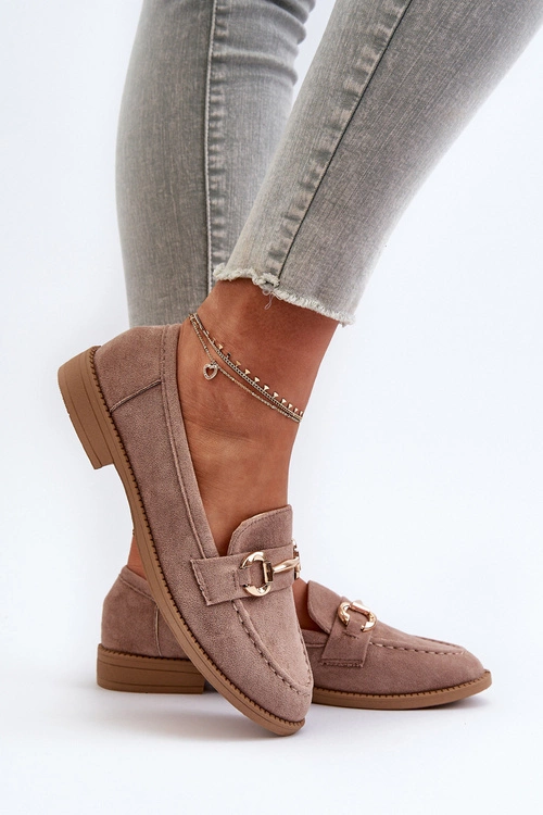 Mokasyny Damskie Na Płaskim Obcasie Z Ozdobą Ciemnobeżowe Aviole