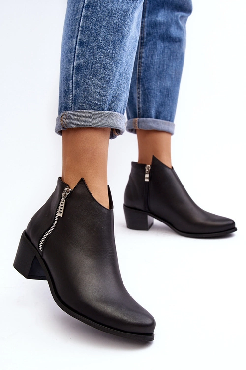 Skórzane Botki Damskie Z Niską Cholewką Na Słupku Z Suwakami Czarne Annaja