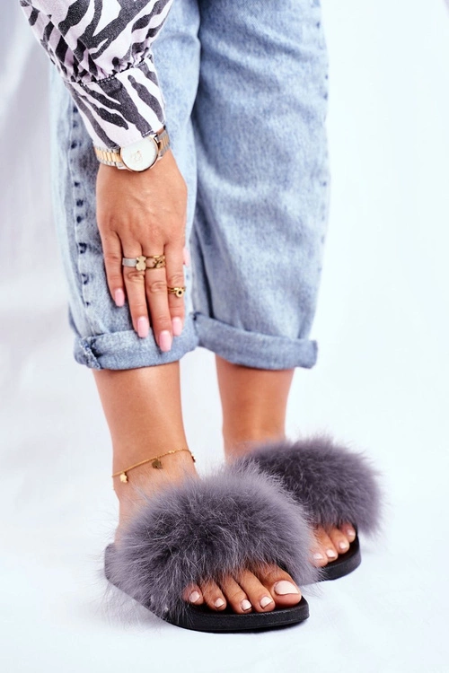 Klapki Damskie z Naturalnym Futerkiem Szare Bushido