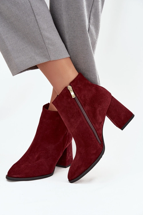 Botki Z Naturalnego Zamszu Obcas Słupek Ocieplane Bordowe Zazoo 3128