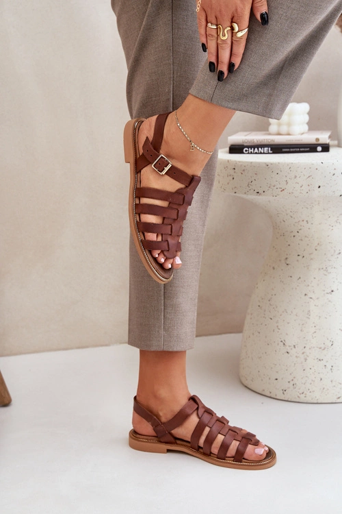 Skórzane Sandały Na Płaskim Obcasie Zazoo 3686 Brązowe