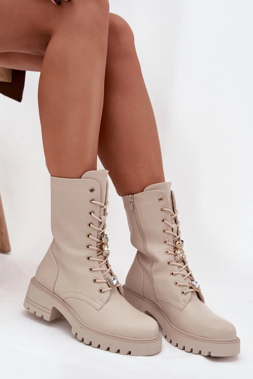 Botki Workery Damskie Z Przypinkami Miś Serce Beżowe Iravine