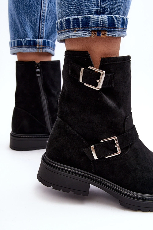 Botki Damskie Na Płaskim Obcasie Z Klamrami Czarne Bliggore