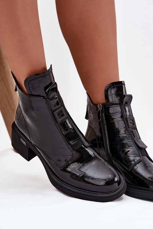 Lakierowane Skórzane Botki Damskie Z Tłoczeniem Na Klocku Czarne Lorenza