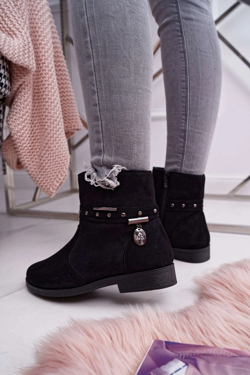 Damskie Botki Płaski Obcas Ocieplane Czarne Verte