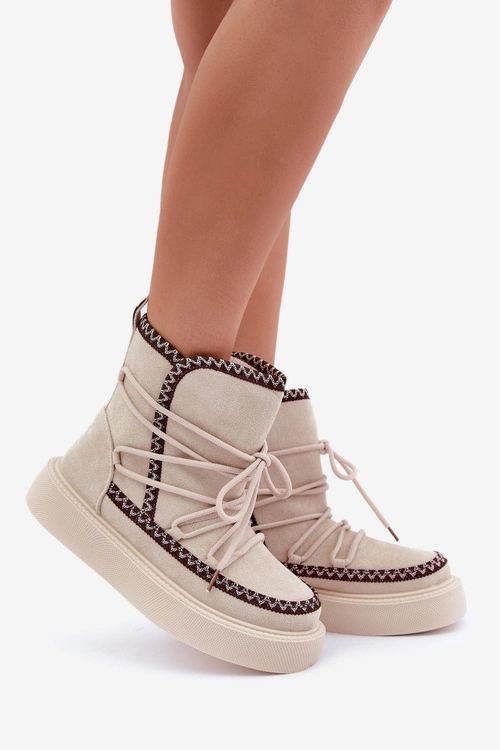 Śniegowce Damskie Z Haftem Na Platformie Jasnobeżowe Naleris