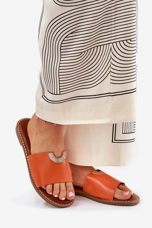 Klapki Damskie Eko Skórzane Z Ozdobnymi Detalami Pomarańczowe Mevith