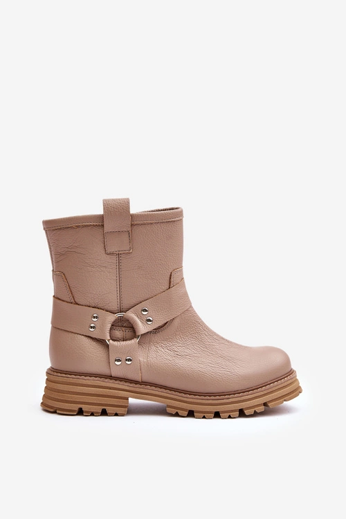 Skórzane Botki Damskie Na Płaskim Obcasie Lewski 3610 Beżowe