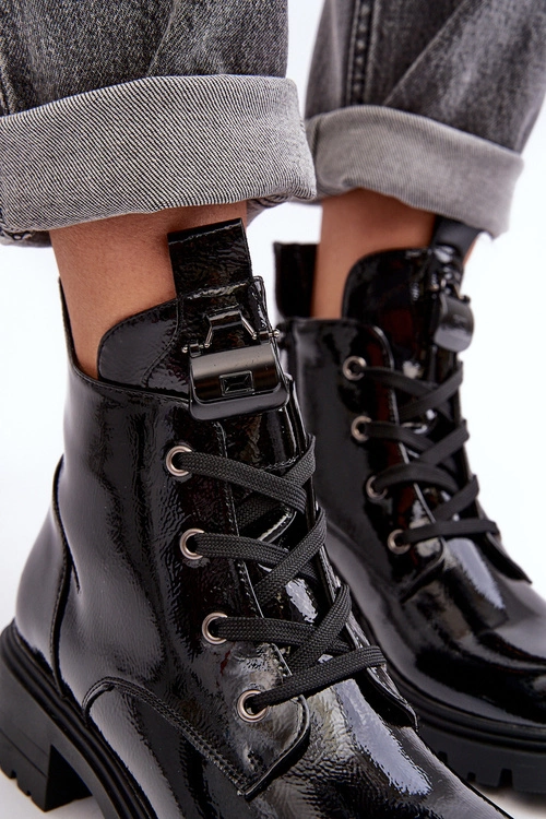 Lakierowane Botki Damskie Na Suwak S.Barski HY93-91 Czarne