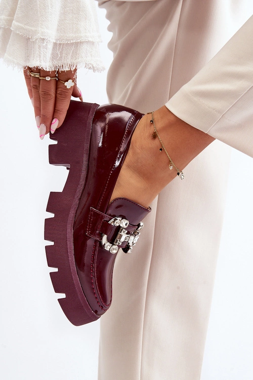 Damskie Lakierowane Mokasyny Z Ozdobą Bordowe Arsaba