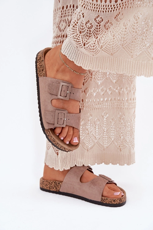 Damskie Klapki Na Korkowej Platformie Z Klamrami Ciemnobeżowe Aviora