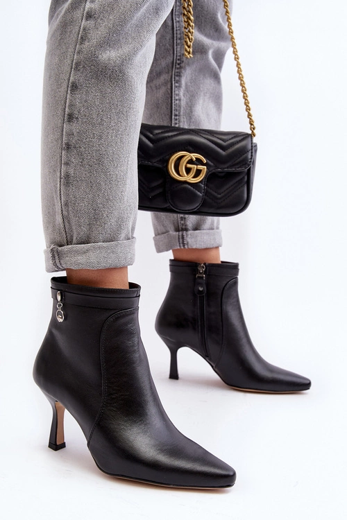 Skórzane Damskie Botki Na Szpilce Maciejka 06301-01 Czarne