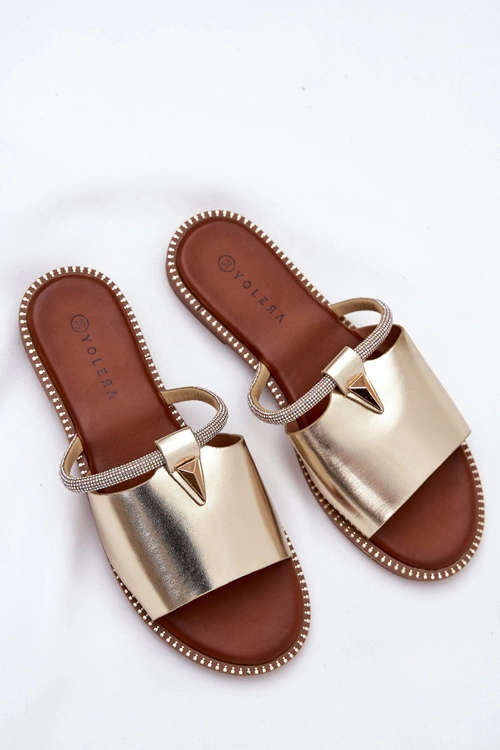 Eko Skórzane Klapki Na Płaskim Obcasie Z Ozdobnym Paseczkiem Złote Hirtewi