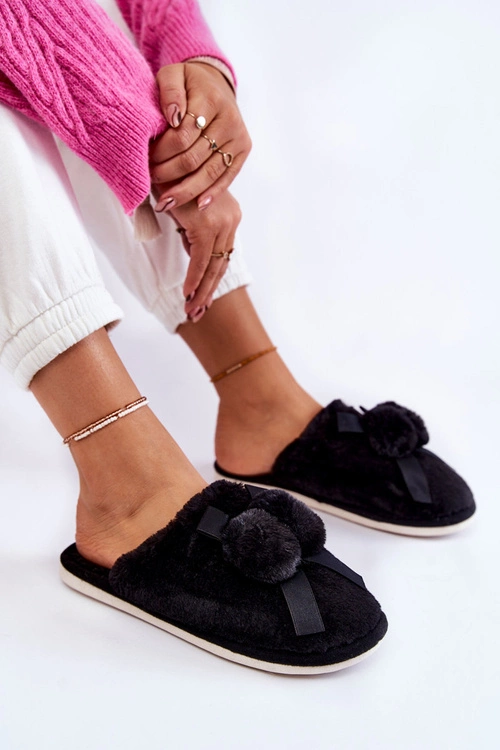 Damskie Futrzane Papcie Z Pomponami Czarne Castello