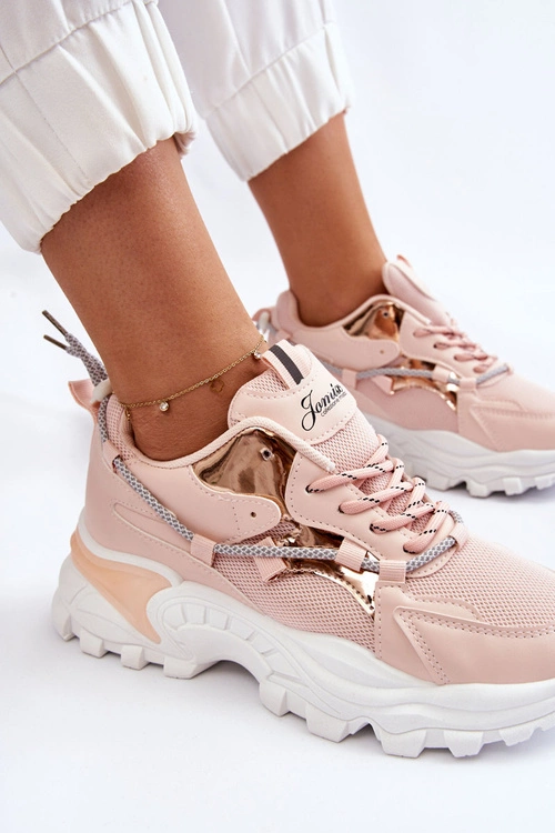 Damskie Buty Sportowe Sznurowane Na Platformie Różowe Minea