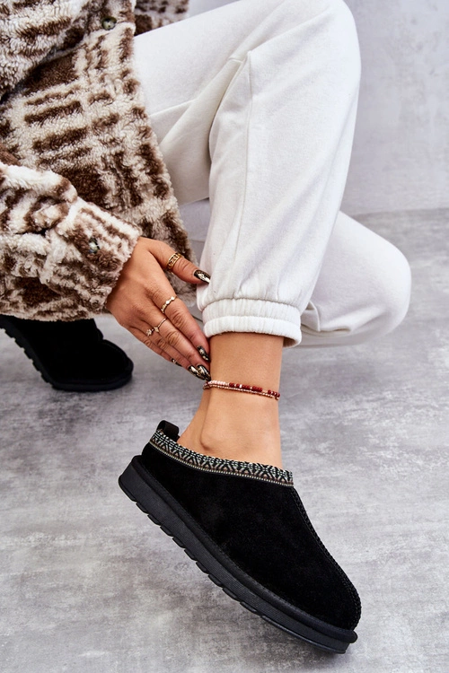 Zamszowe Damskie Papcie Z Futerkiem Czarne Buffie