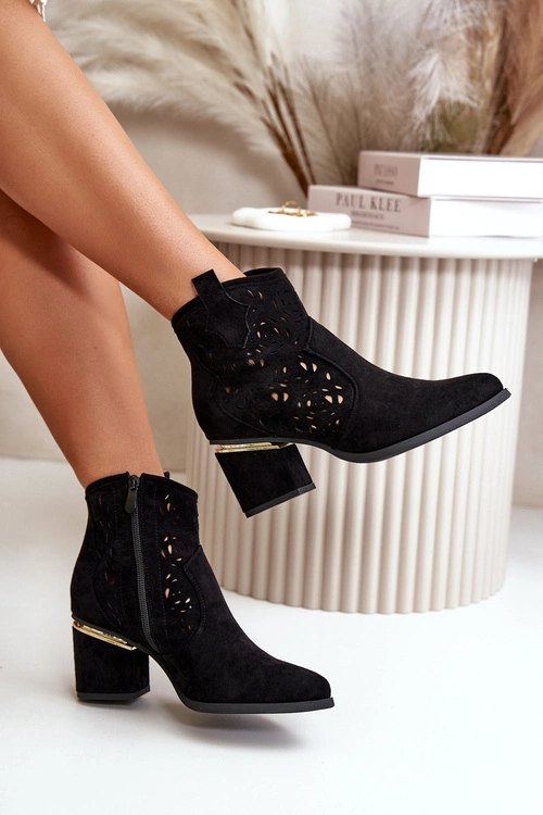 Ażurowe Botki Kowbojki Na Słupku Zapinane Na Zamek Czarne Vosilara