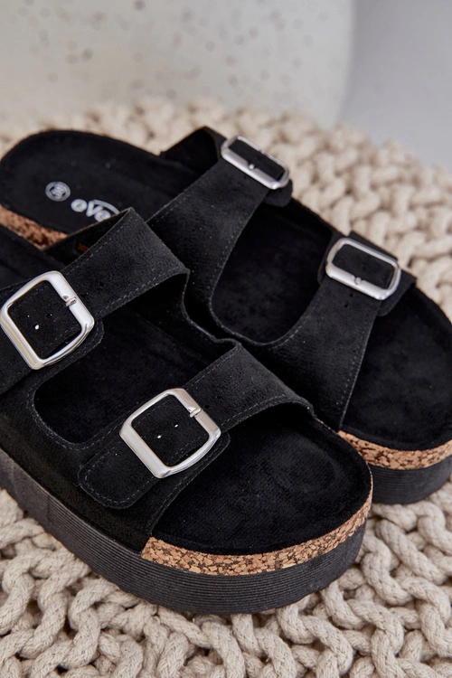 Klapki Damskie Na Masywnej Platformie Z Klamrami Czarne Aramia