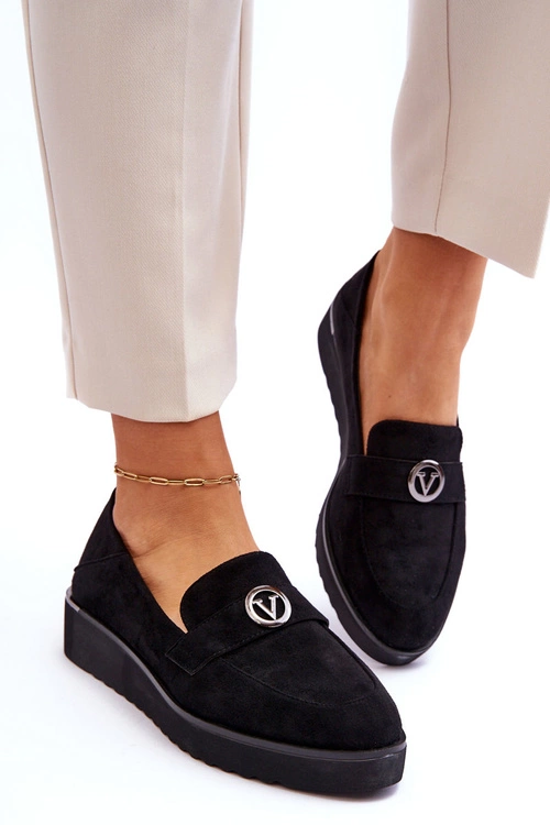 Damskie Zamszowe Mokasyny Na Niskim Koturnie Czarne Synthia